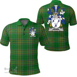Scottish Hanna or O'Hanna Coat of Arms Family Crest Ireland Polo Shirt - Irish National Tartan Irish County Polo Shirt