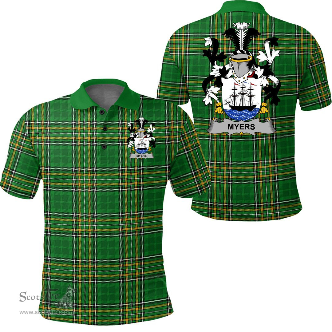 Scottish Myers Coat of Arms Family Crest Ireland Polo Shirt - Irish National Tartan Irish County Polo Shirt