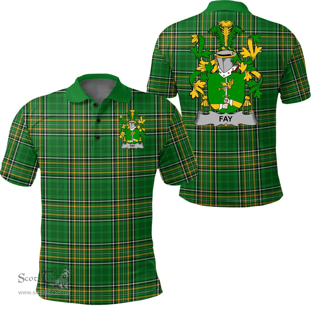 Scottish Fay or O'Fee Coat of Arms Family Crest Ireland Polo Shirt - Irish National Tartan Irish County Polo Shirt