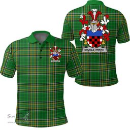 Scottish Micklethwait Coat of Arms Family Crest Ireland Polo Shirt - Irish National Tartan Irish County Polo Shirt