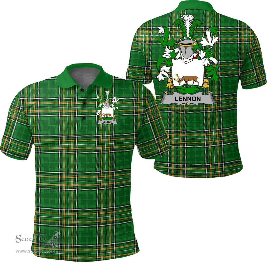Scottish Lennon or O'Lennon Coat of Arms Family Crest Ireland Polo Shirt - Irish National Tartan Irish County Polo Shirt