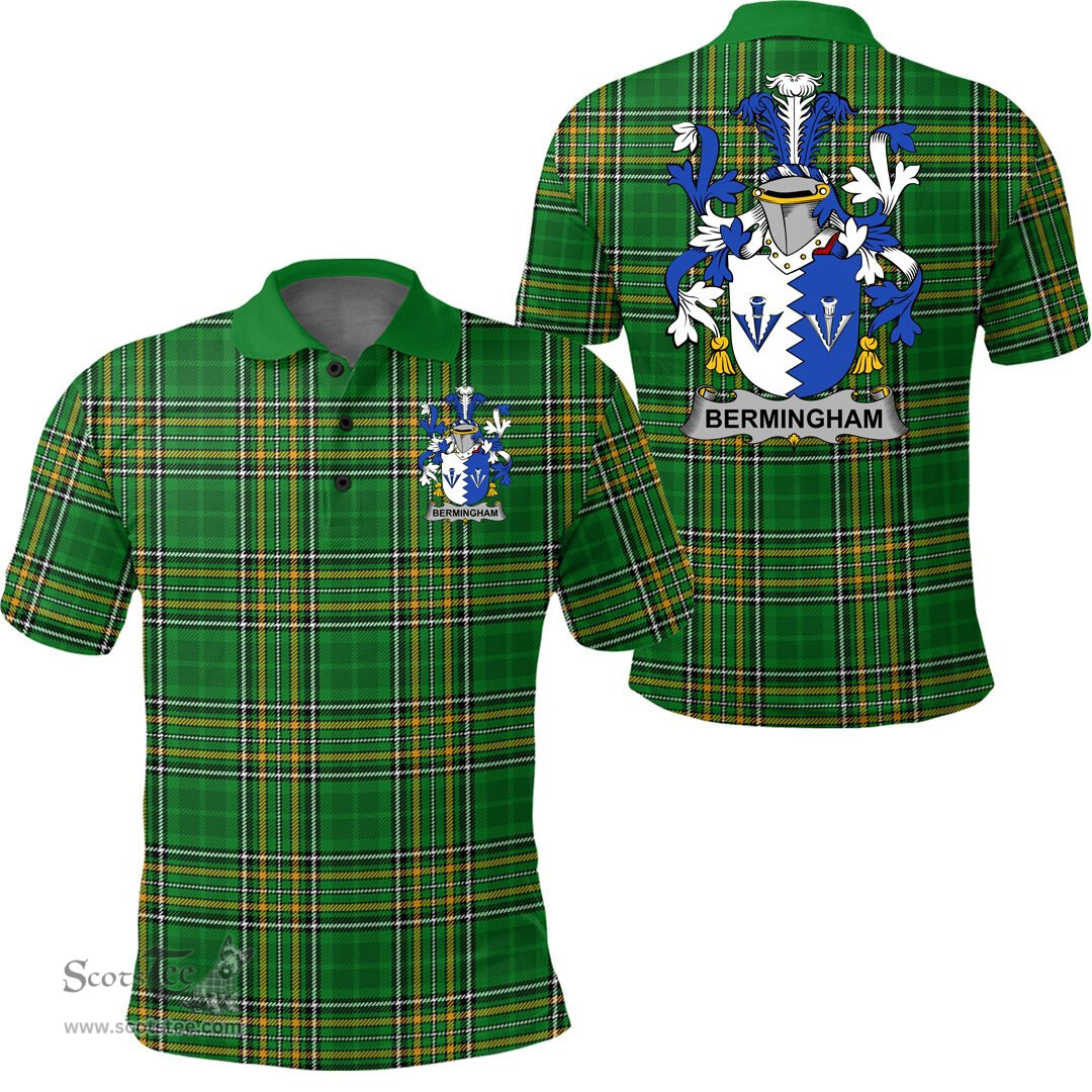 Scottish Bermingham Coat of Arms Family Crest Ireland Polo Shirt - Irish National Tartan Irish County Polo Shirt