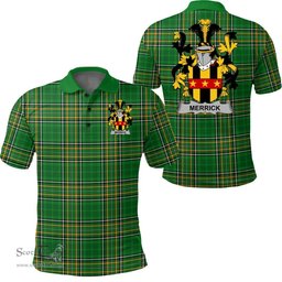 Scottish Merrick or Meyrick Coat of Arms Family Crest Ireland Polo Shirt - Irish National Tartan Irish County Polo Shirt