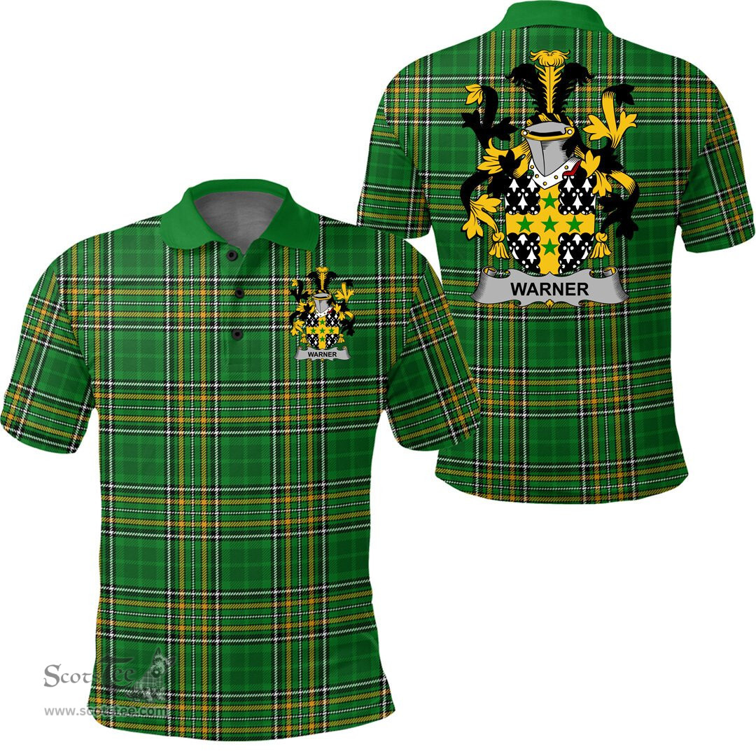 Scottish Warner Coat of Arms Family Crest Ireland Polo Shirt - Irish National Tartan Irish County Polo Shirt