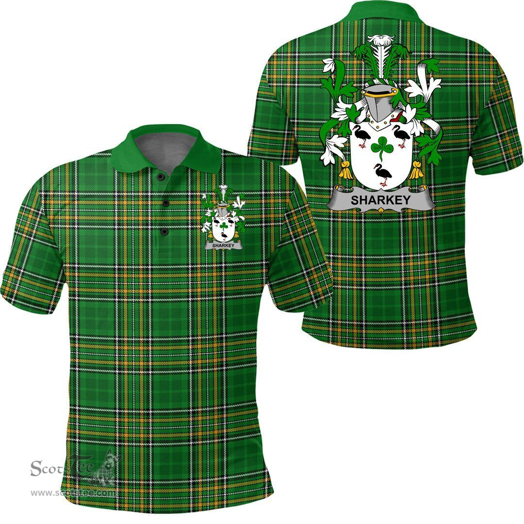 Scottish Sharkey or O'Sharkey Coat of Arms Family Crest Ireland Polo Shirt - Irish National Tartan Irish County Polo Shirt