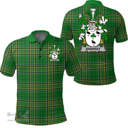 Scottish Sharkey or O'Sharkey Coat of Arms Family Crest Ireland Polo Shirt - Irish National Tartan Irish County Polo Shirt