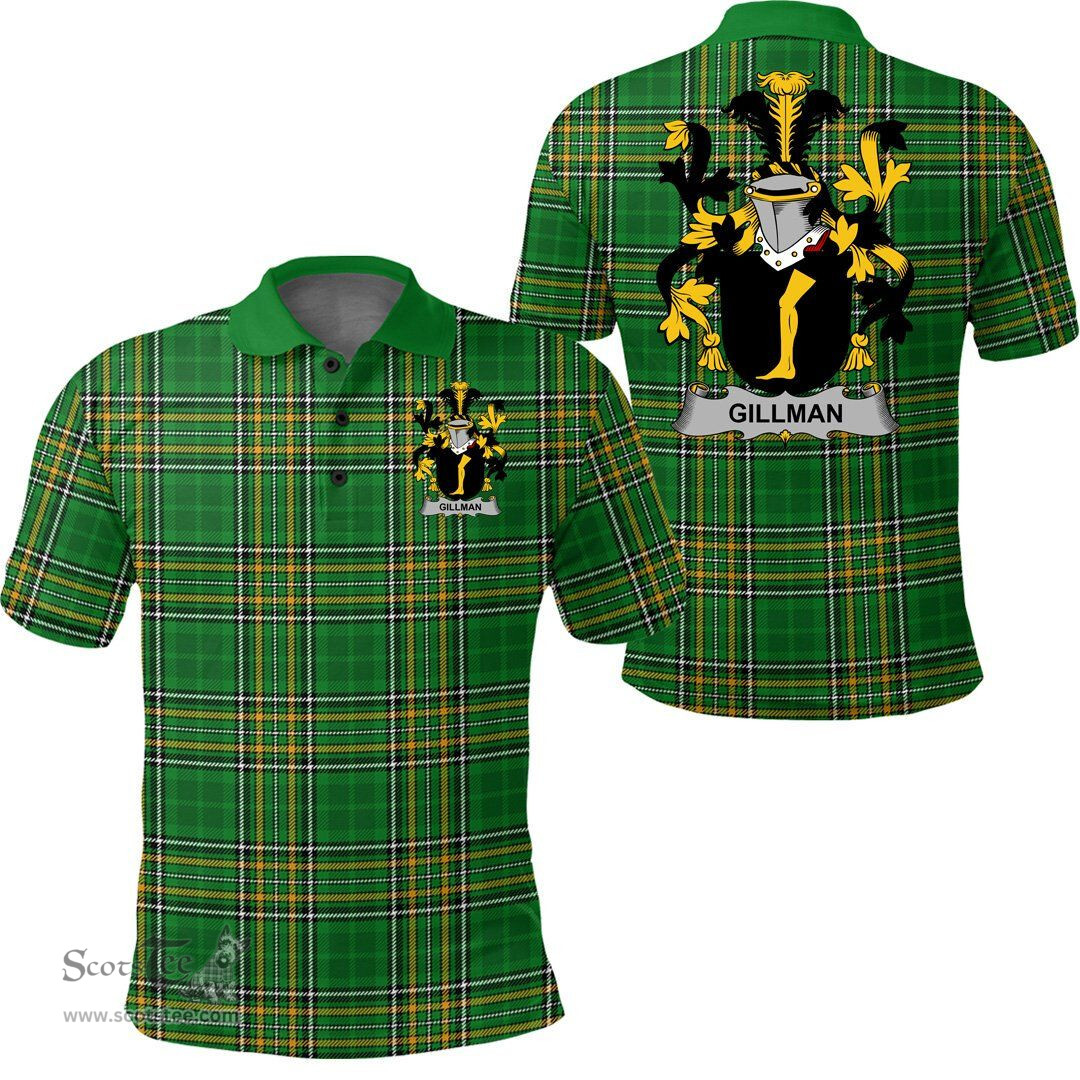Scottish Gillman Coat of Arms Family Crest Ireland Polo Shirt - Irish National Tartan Irish County Polo Shirt