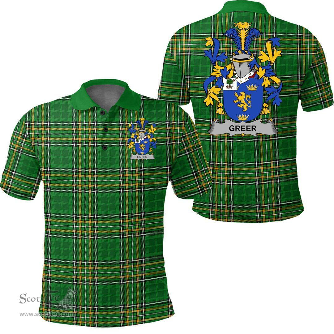 Scottish Greer Coat of Arms Family Crest Ireland Polo Shirt - Irish National Tartan Irish County Polo Shirt