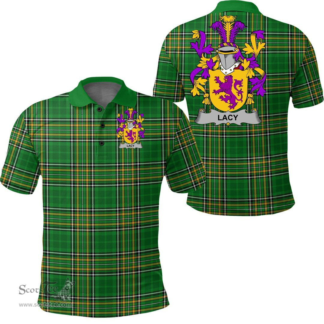 Scottish Lacy or De Lacy Coat of Arms Family Crest Ireland Polo Shirt - Irish National Tartan Irish County Polo Shirt