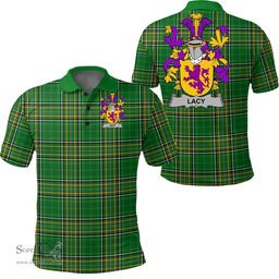 Scottish Lacy or De Lacy Coat of Arms Family Crest Ireland Polo Shirt - Irish National Tartan Irish County Polo Shirt