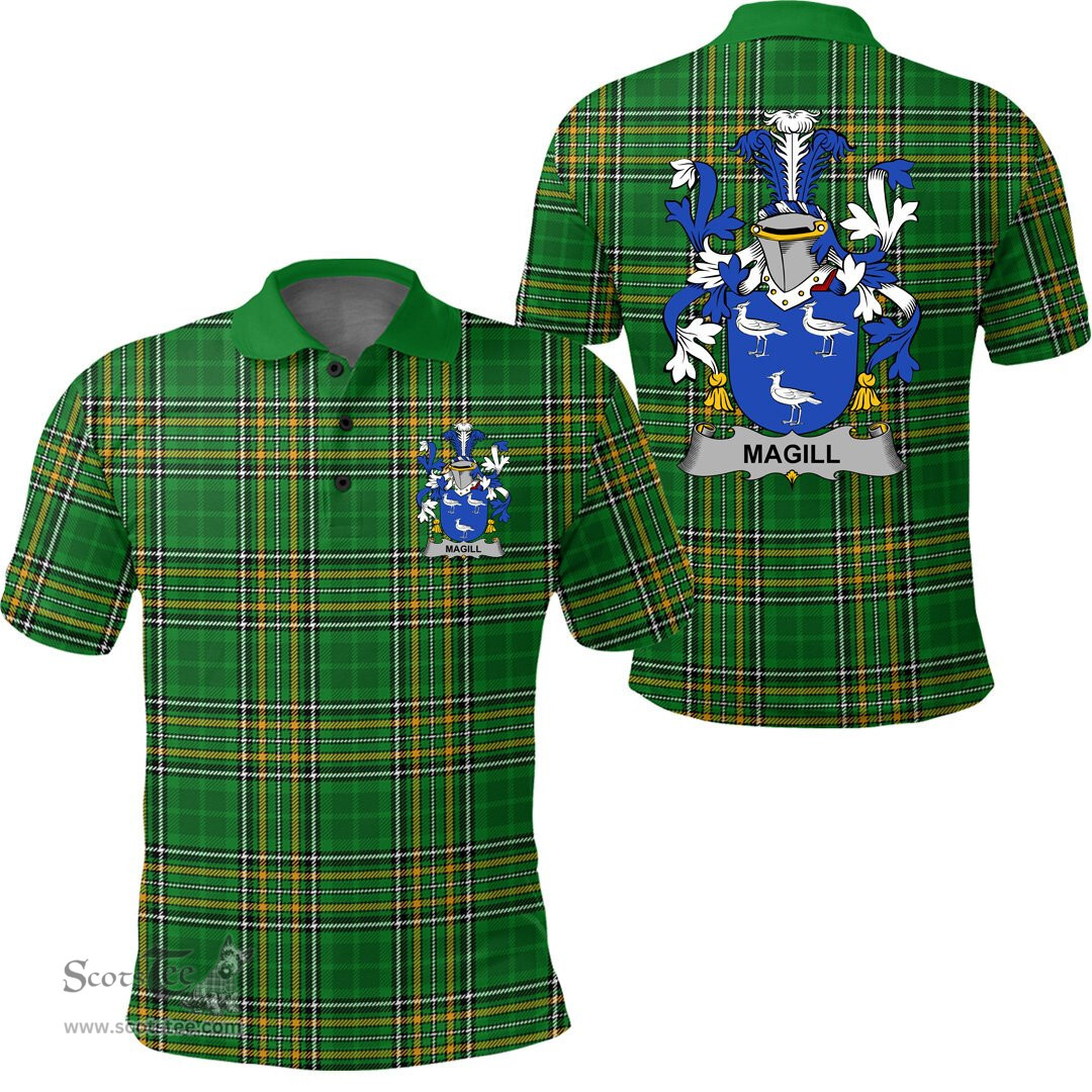 Scottish Magill Coat of Arms Family Crest Ireland Polo Shirt - Irish National Tartan Irish County Polo Shirt