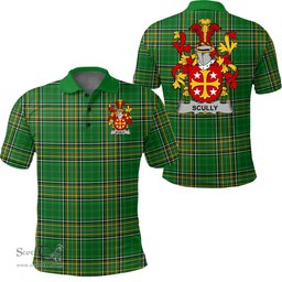 Scottish Scully or O'Scully Coat of Arms Family Crest Ireland Polo Shirt - Irish National Tartan Irish County Polo Shirt