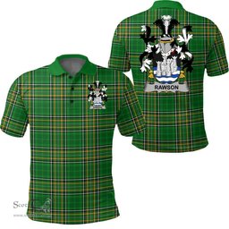 Scottish Rawson Coat of Arms Family Crest Ireland Polo Shirt - Irish National Tartan Irish County Polo Shirt
