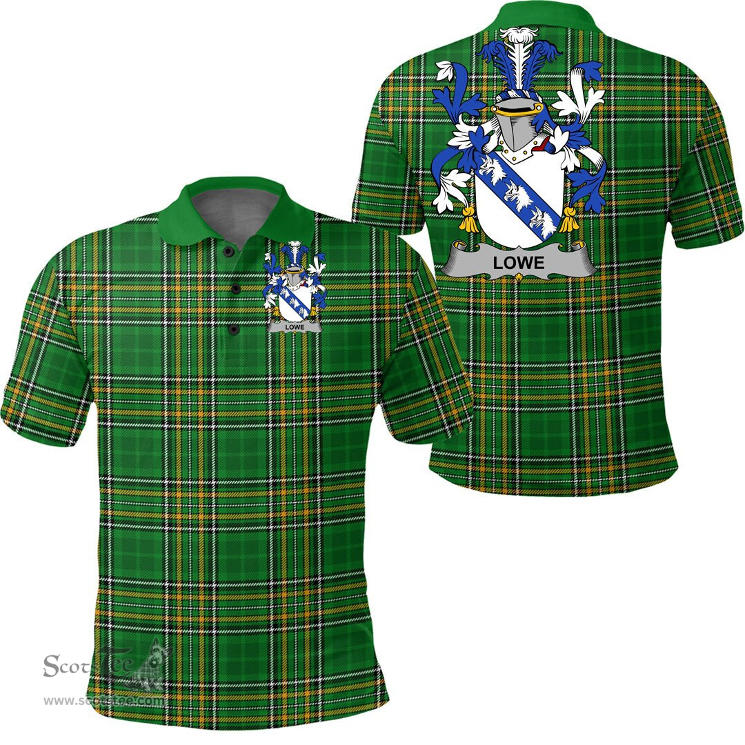 Scottish Lowe Coat of Arms Family Crest Ireland Polo Shirt - Irish National Tartan Irish County Polo Shirt