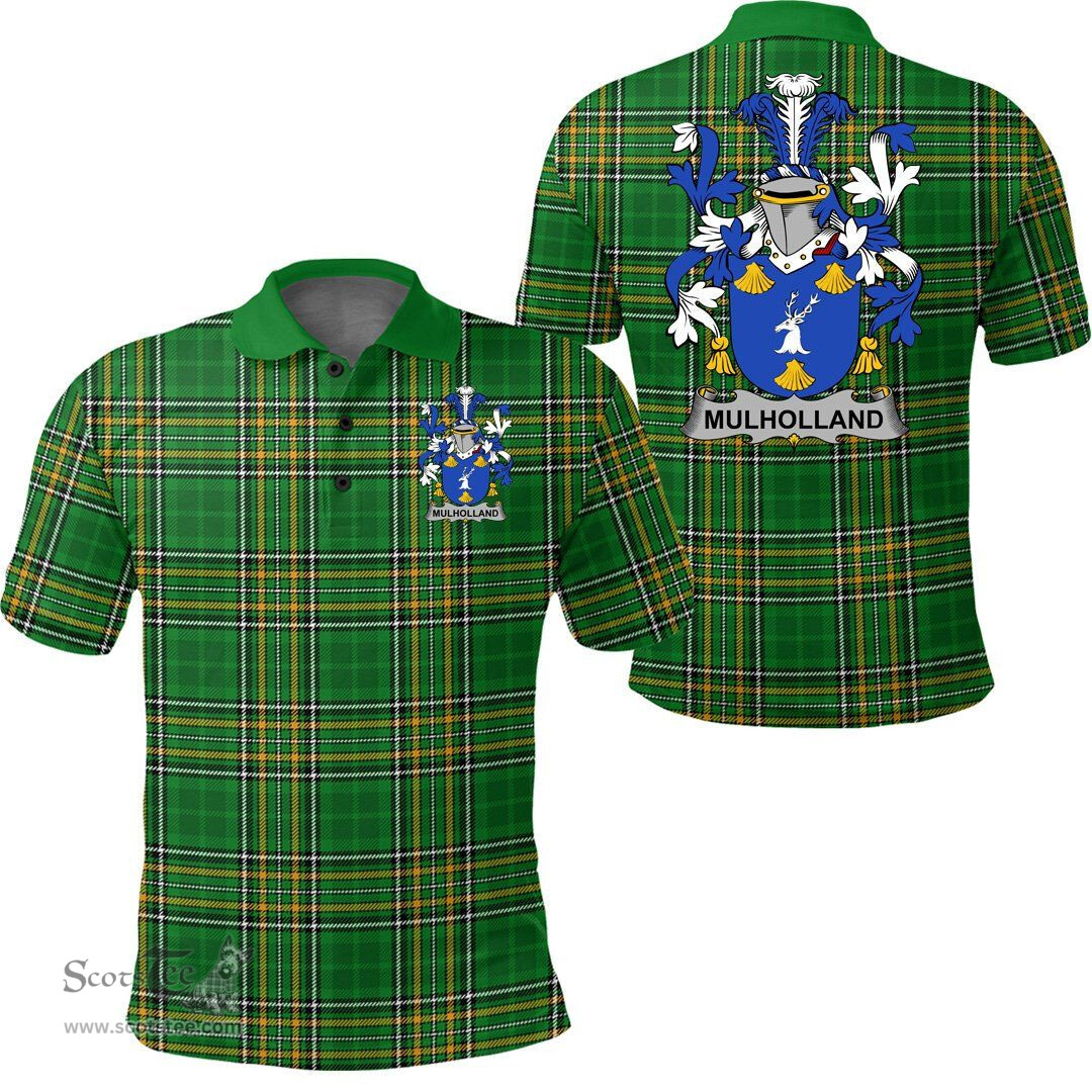 Scottish Mulholland Coat of Arms Family Crest Ireland Polo Shirt - Irish National Tartan Irish County Polo Shirt
