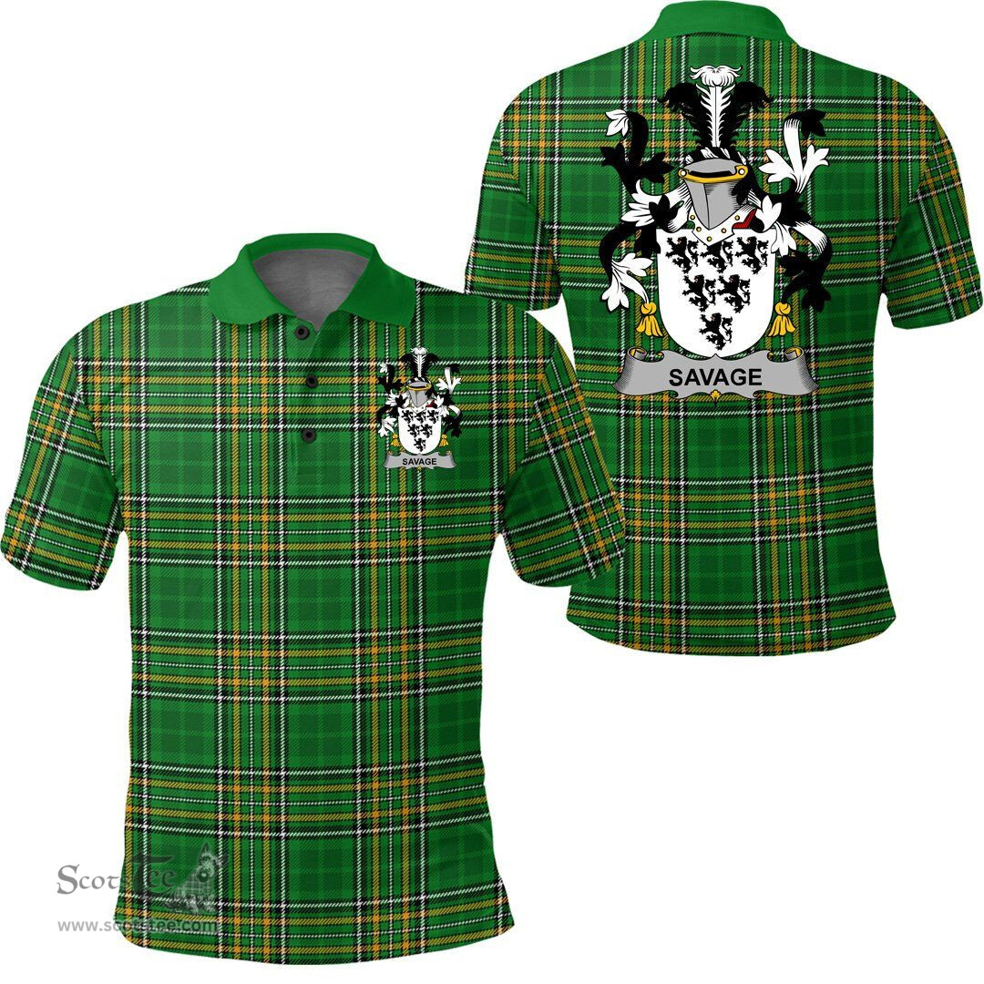 Scottish Savage Coat of Arms Family Crest Ireland Polo Shirt - Irish National Tartan Irish County Polo Shirt
