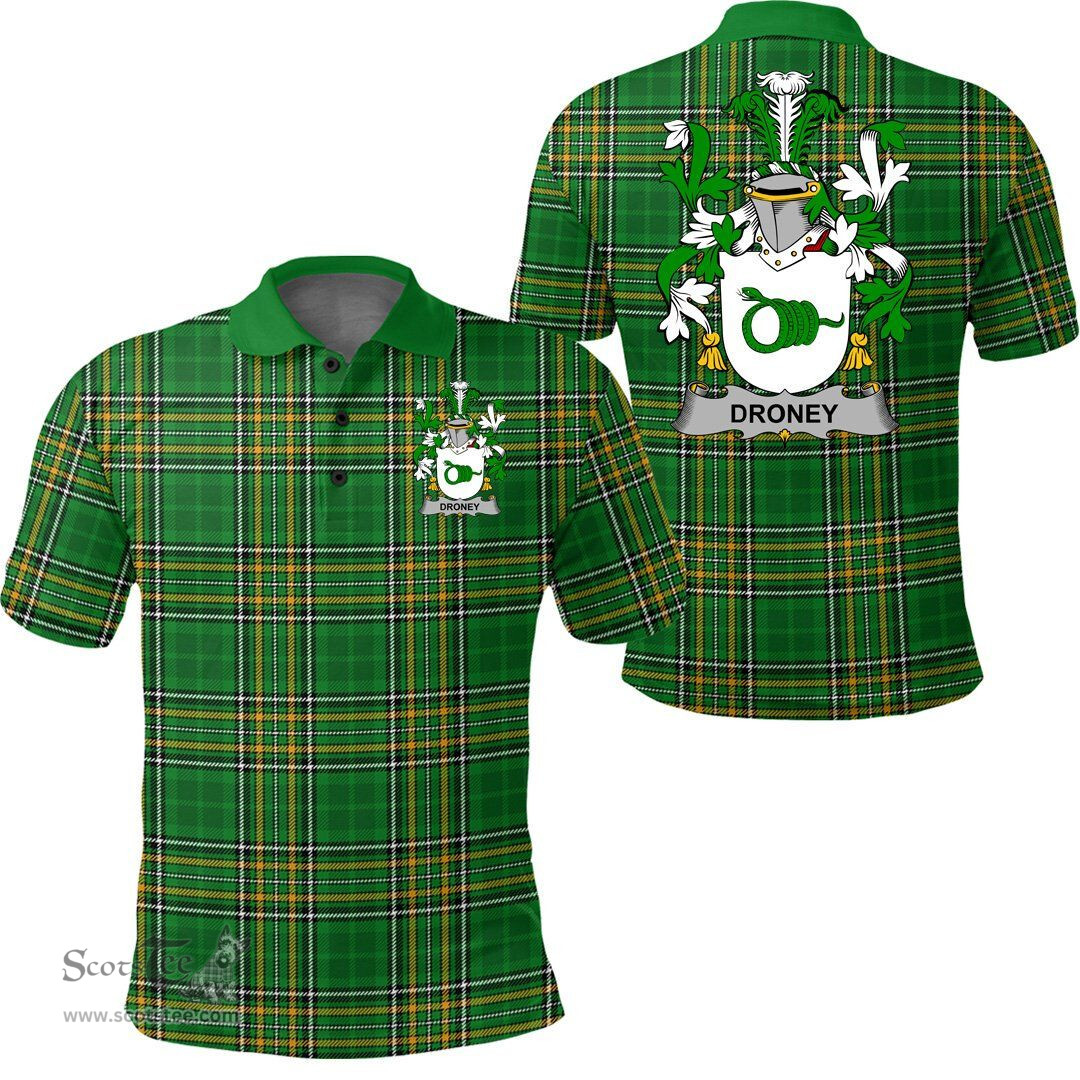 Scottish Droney or O'Droney Coat of Arms Family Crest Ireland Polo Shirt - Irish National Tartan Irish County Polo Shirt