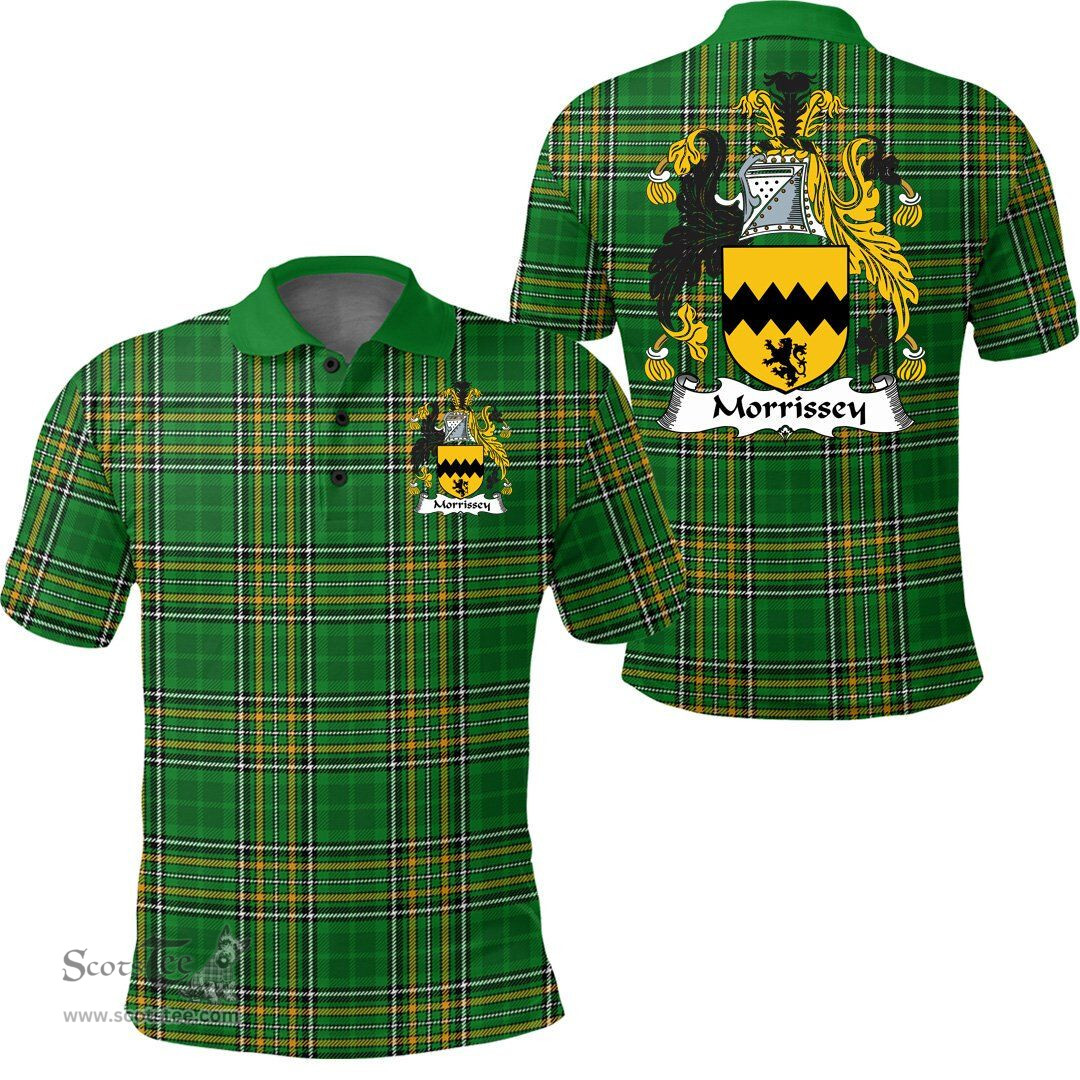 Scottish Morrissey Coat of Arms Family Crest Ireland Polo Shirt - Irish National Tartan Irish County Polo Shirt