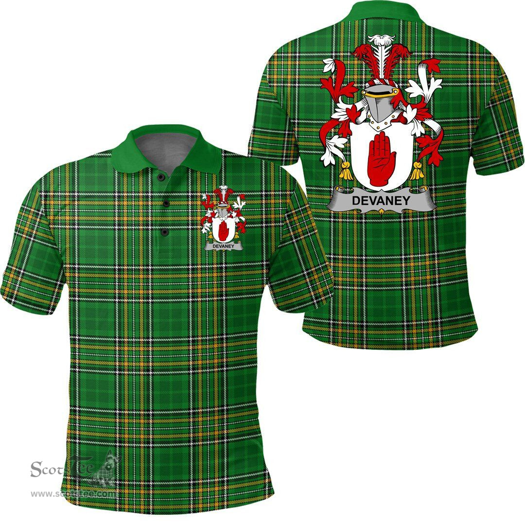Scottish Devaney or O'Devaney Coat of Arms Family Crest Ireland Polo Shirt - Irish National Tartan Irish County Polo Shirt