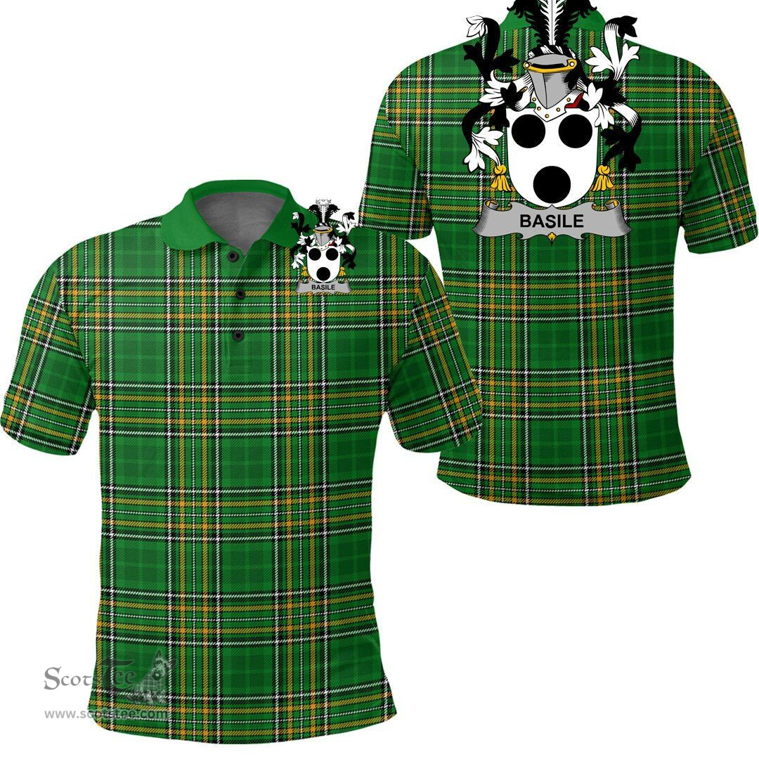 Scottish Basile Coat of Arms Family Crest Ireland Polo Shirt - Irish National Tartan Irish County Polo Shirt