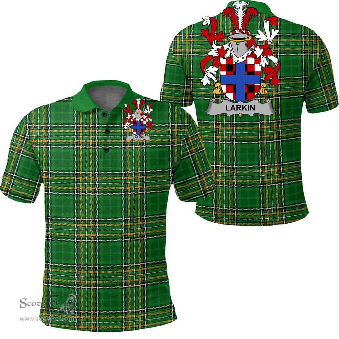 Scottish Larkin or O'Larkin Coat of Arms Family Crest Ireland Polo Shirt - Irish National Tartan Irish County Polo Shirt