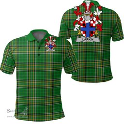 Scottish Larkin or O'Larkin Coat of Arms Family Crest Ireland Polo Shirt - Irish National Tartan Irish County Polo Shirt