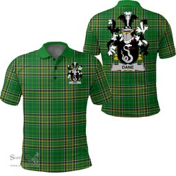 Scottish Dane or O'Dane Coat of Arms Family Crest Ireland Polo Shirt - Irish National Tartan Irish County Polo Shirt