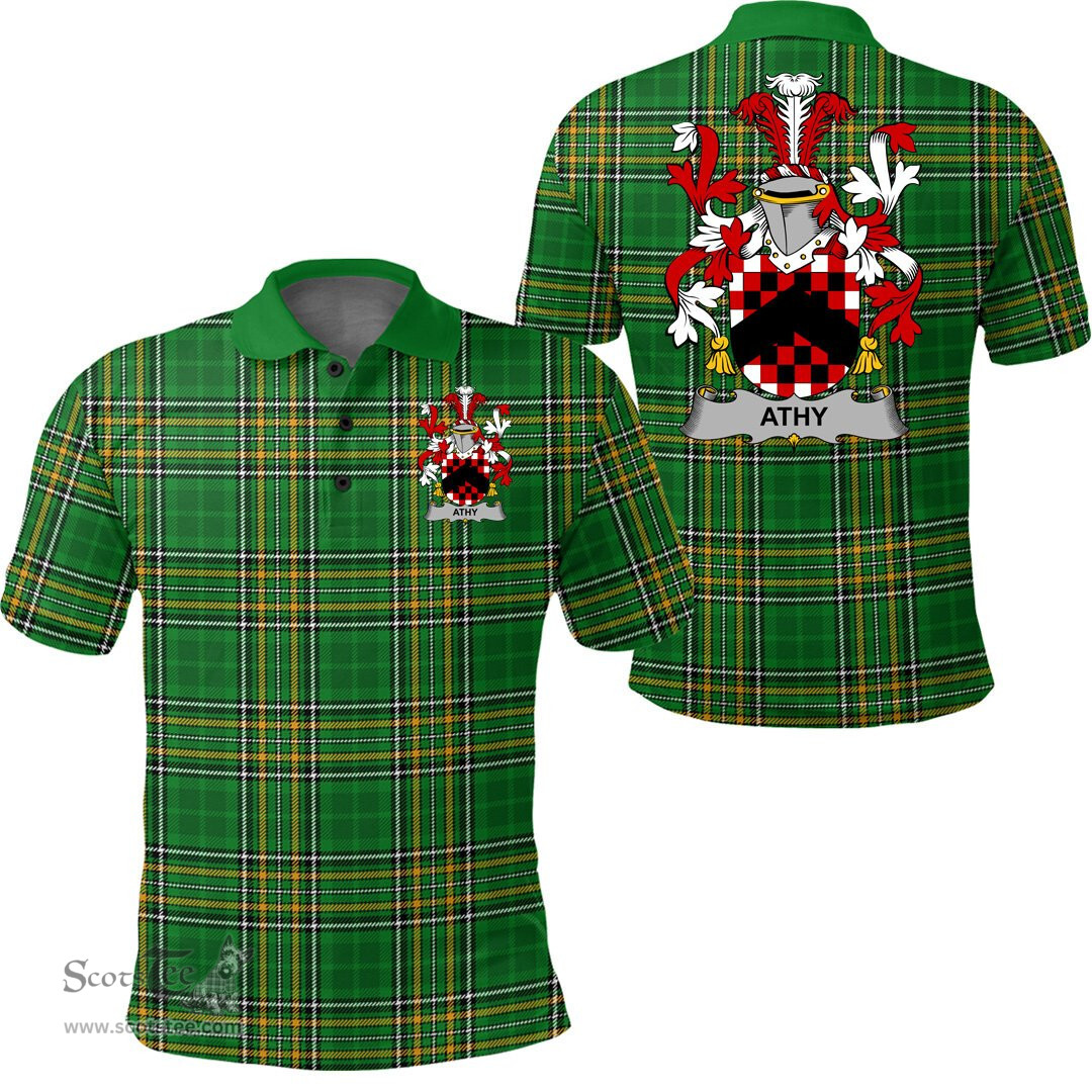 Scottish Athy Coat of Arms Family Crest Ireland Polo Shirt - Irish National Tartan Irish County Polo Shirt