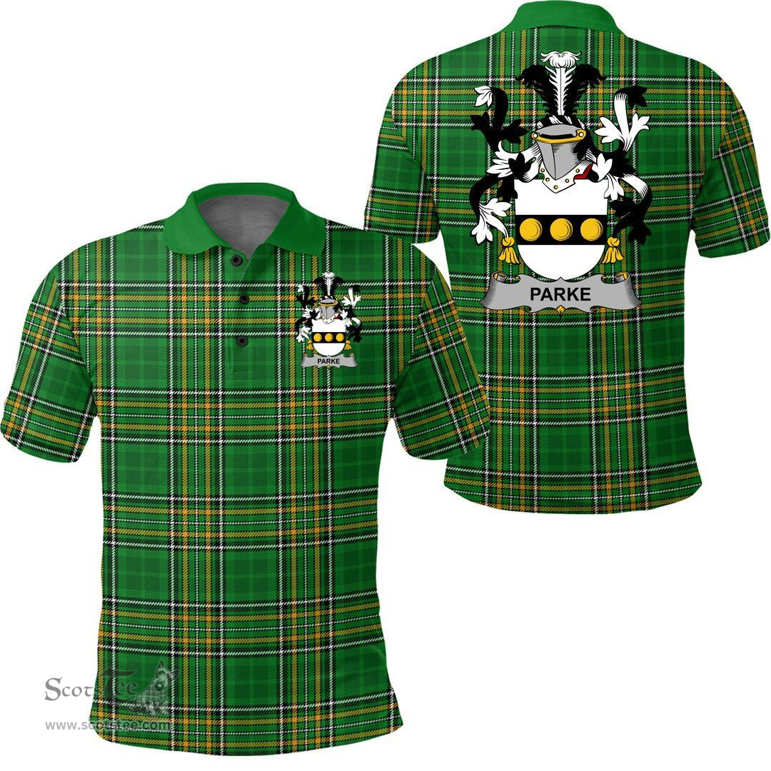 Scottish Parke Coat of Arms Family Crest Ireland Polo Shirt - Irish National Tartan Irish County Polo Shirt