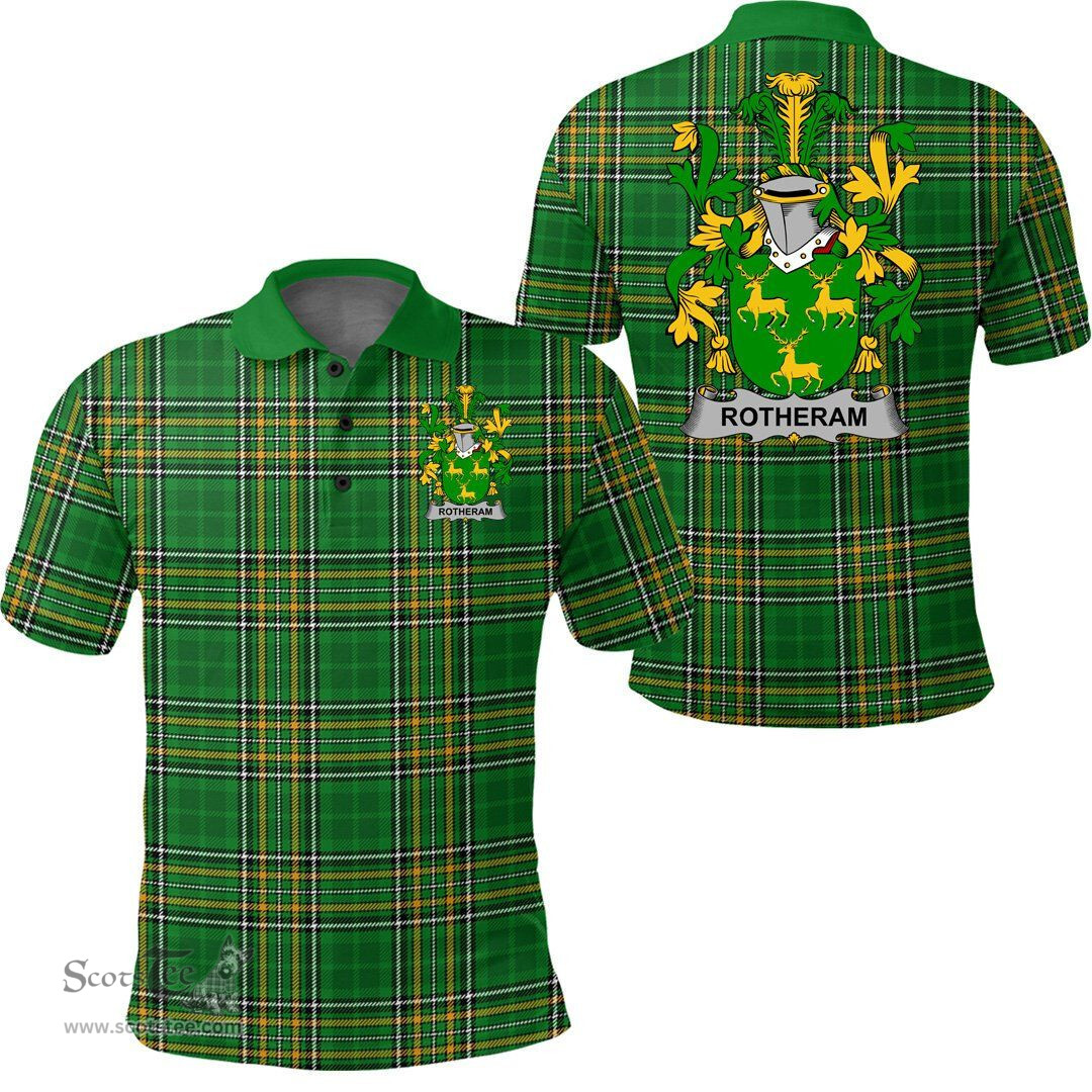 Scottish Rotheram Coat of Arms Family Crest Ireland Polo Shirt - Irish National Tartan Irish County Polo Shirt