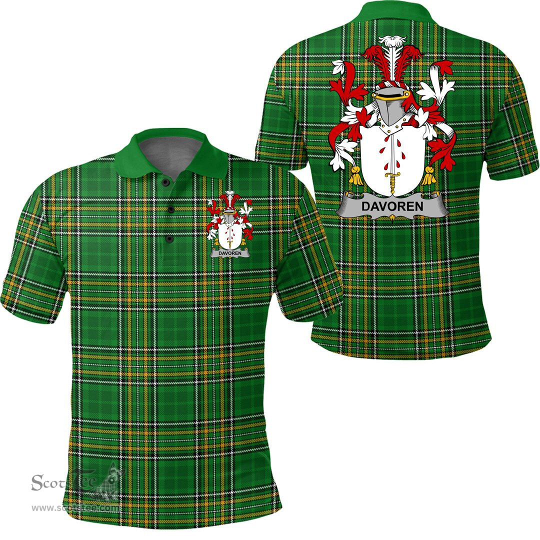 Scottish Davoren or O'Davoren Coat of Arms Family Crest Ireland Polo Shirt - Irish National Tartan Irish County Polo Shirt
