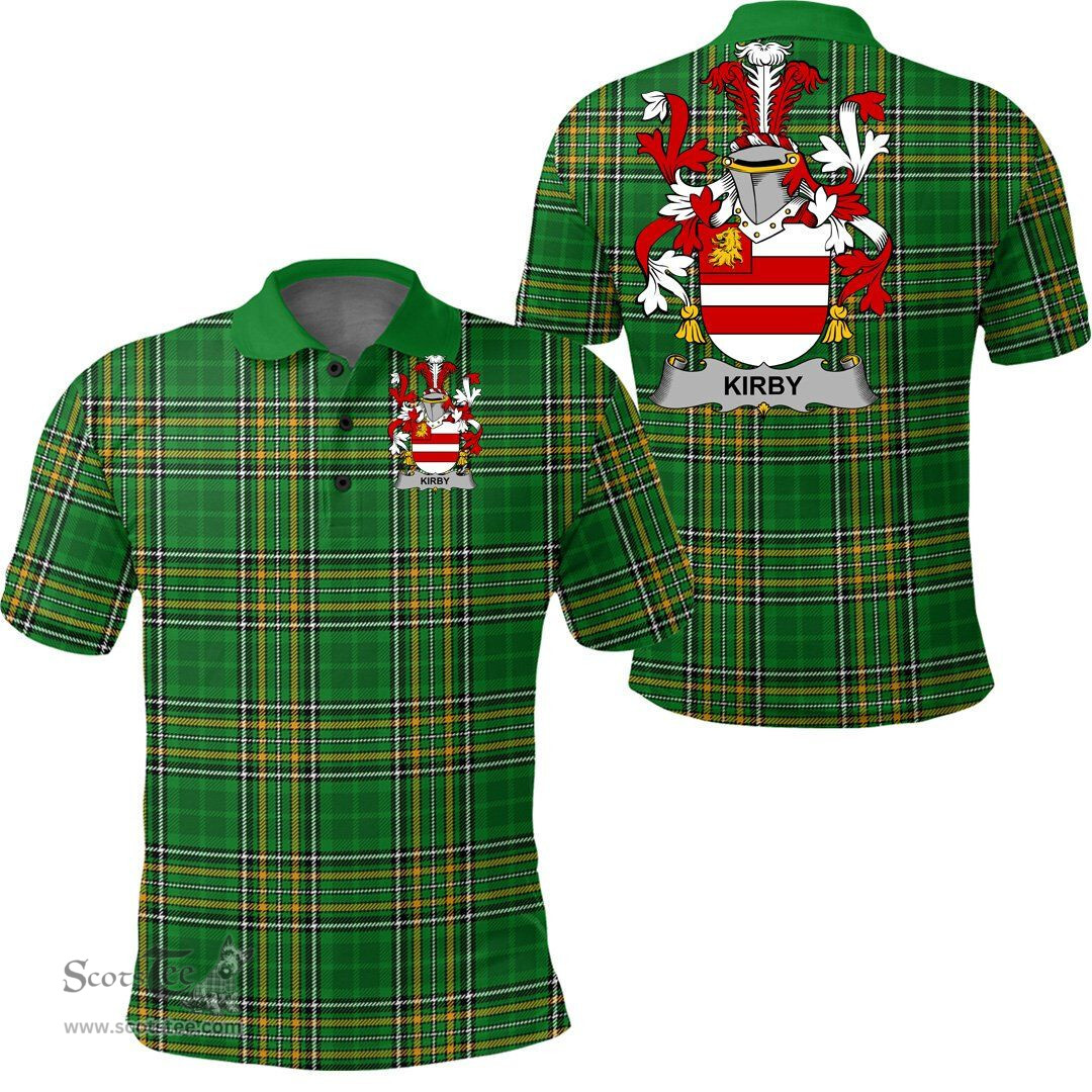 Scottish Kirby or O'Kirby Coat of Arms Family Crest Ireland Polo Shirt - Irish National Tartan Irish County Polo Shirt