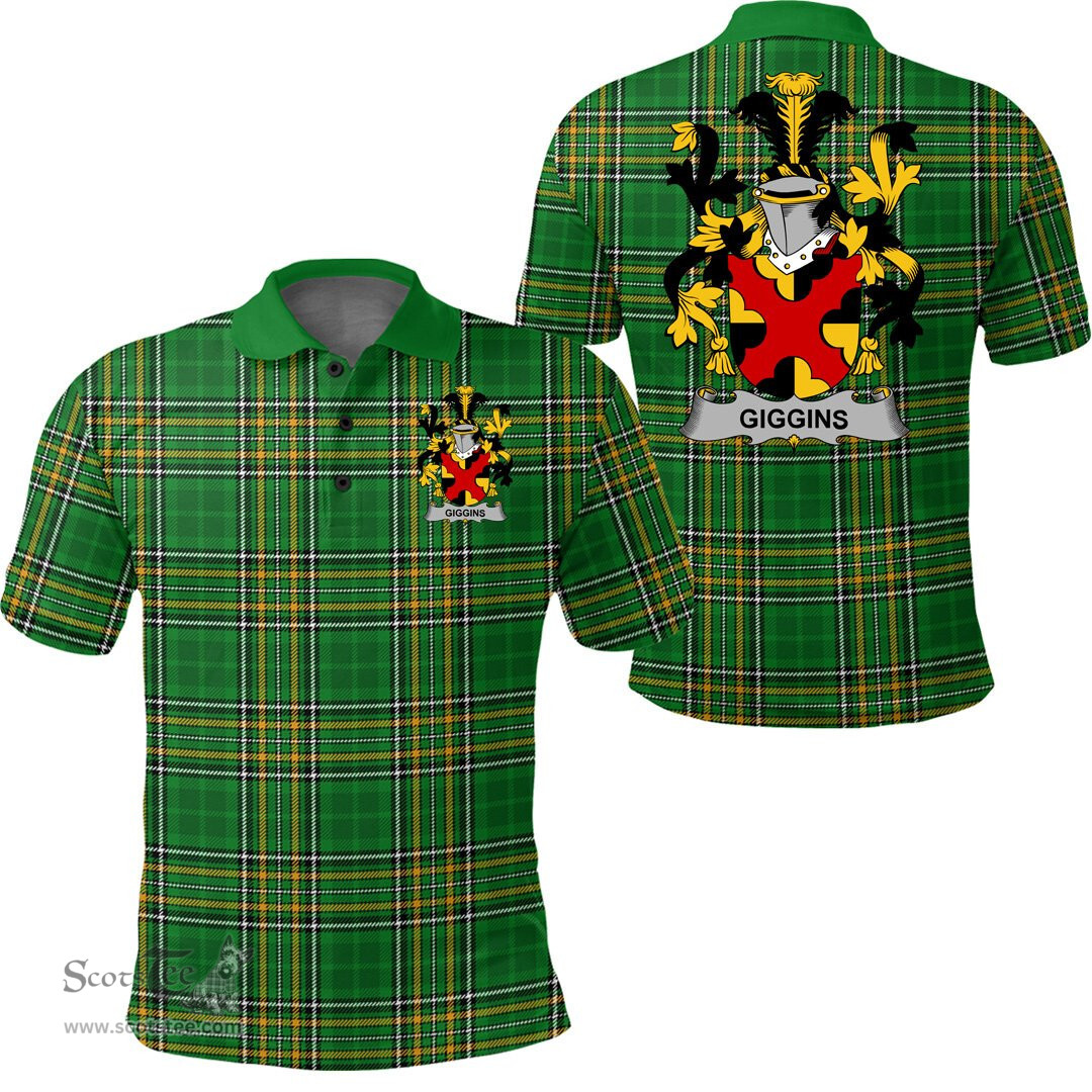Scottish Giggins Coat of Arms Family Crest Ireland Polo Shirt - Irish National Tartan Irish County Polo Shirt