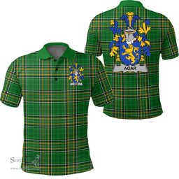 Scottish Agar Coat of Arms Family Crest Ireland Polo Shirt - Irish National Tartan Irish County Polo Shirt