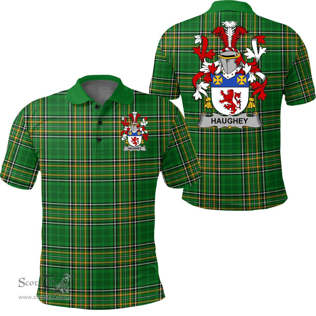 Scottish Haugh or O'Hough Coat of Arms Family Crest Ireland Polo Shirt - Irish National Tartan Irish County Polo Shirt
