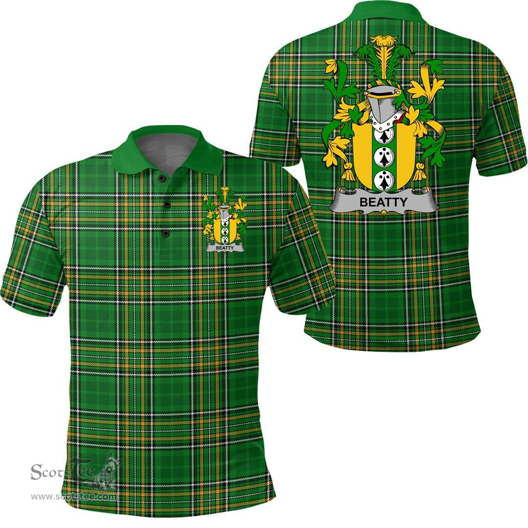 Scottish Beatty or Betagh Coat of Arms Family Crest Ireland Polo Shirt - Irish National Tartan Irish County Polo Shirt