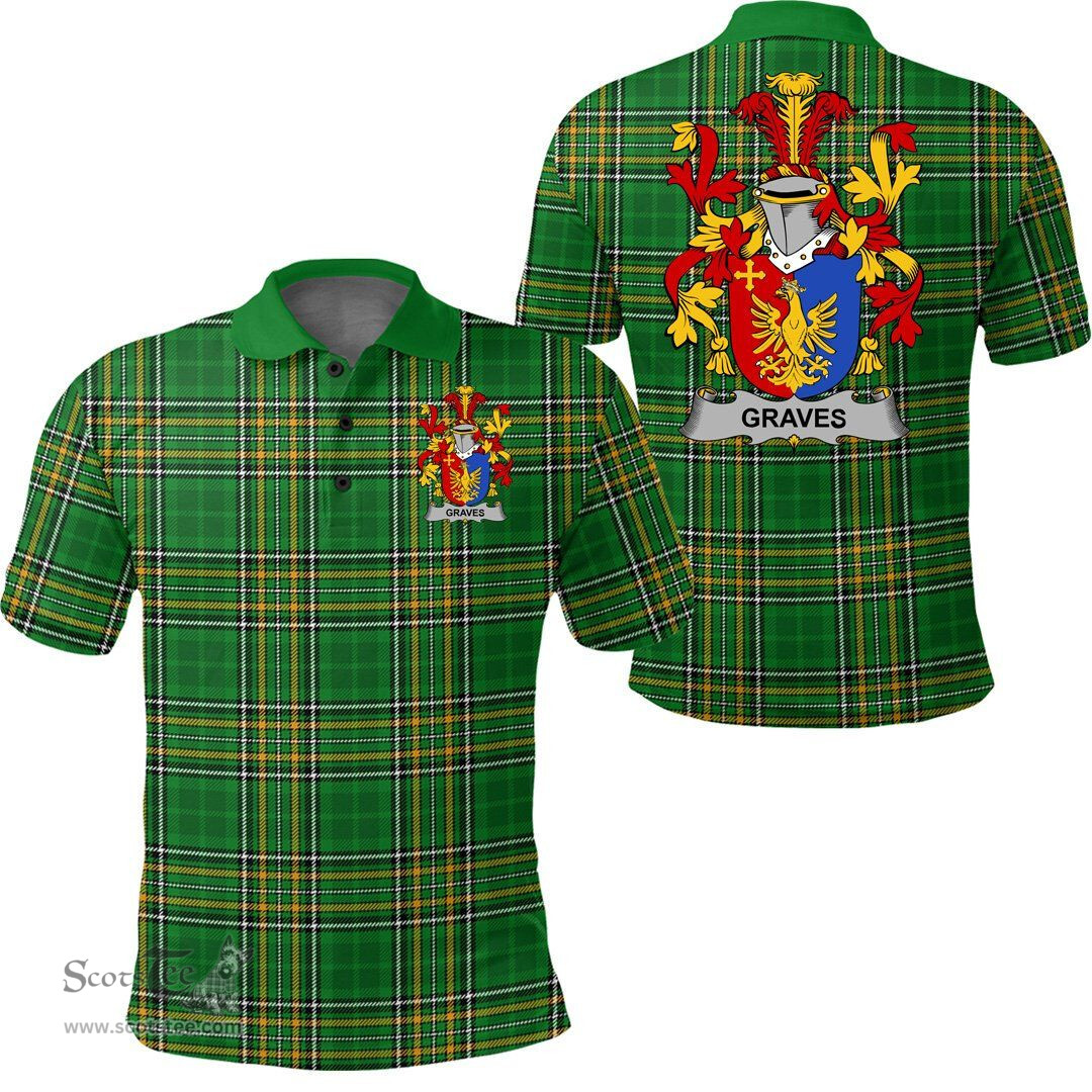 Scottish Graves or Greaves Coat of Arms Family Crest Ireland Polo Shirt - Irish National Tartan Irish County Polo Shirt