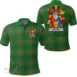 Scottish Graves or Greaves Coat of Arms Family Crest Ireland Polo Shirt - Irish National Tartan Irish County Polo Shirt