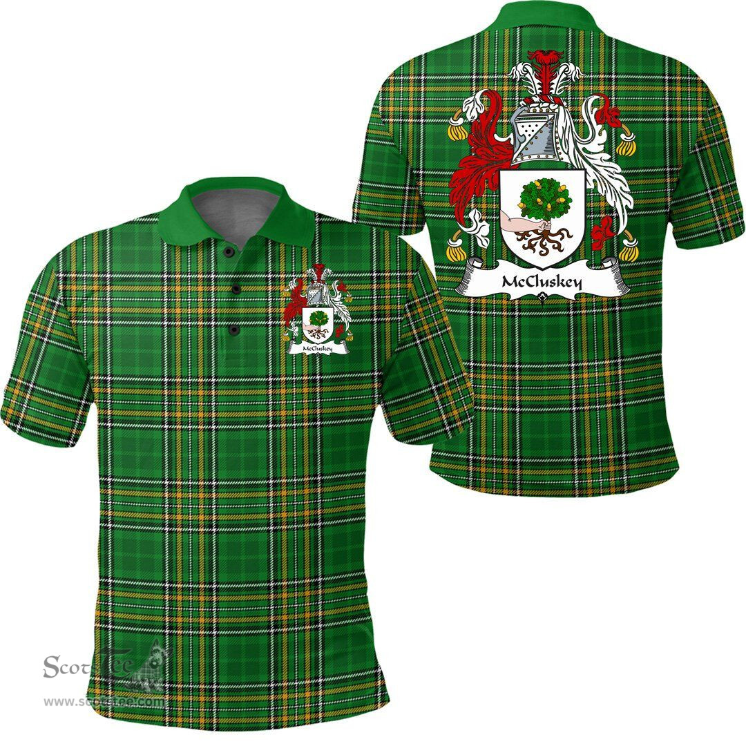 Scottish McCluskey Coat of Arms Family Crest Ireland Polo Shirt - Irish National Tartan Irish County Polo Shirt