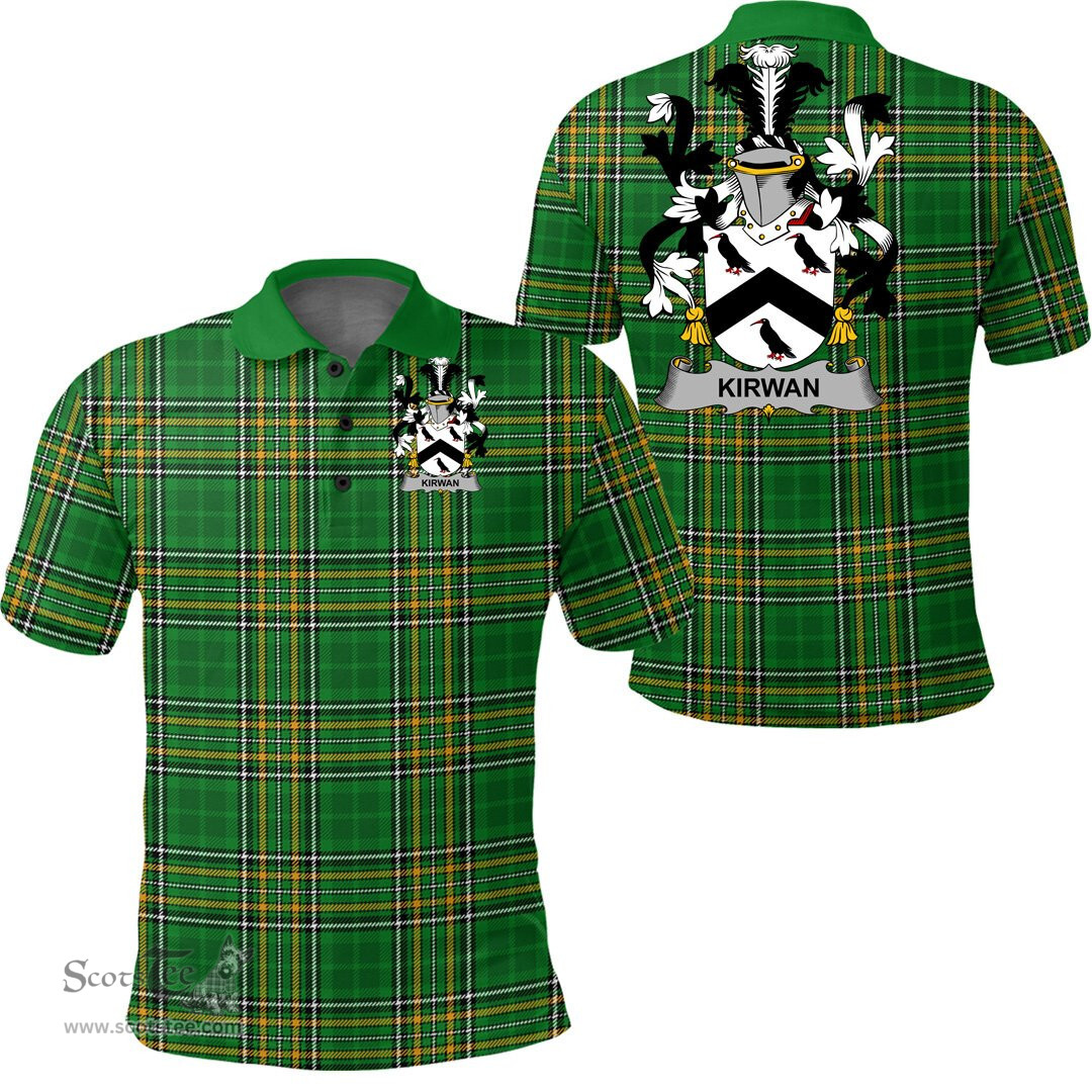 Scottish Kirwan or O'Kerwin Coat of Arms Family Crest Ireland Polo Shirt - Irish National Tartan Irish County Polo Shirt