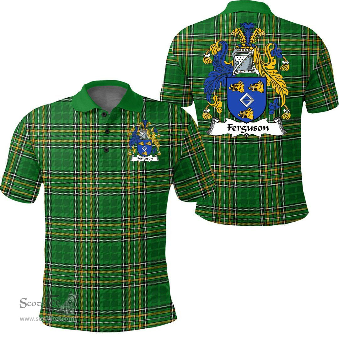 Scottish Fergus or O'Fearghus Coat of Arms Family Crest Ireland Polo Shirt - Irish National Tartan Irish County Polo Shirt