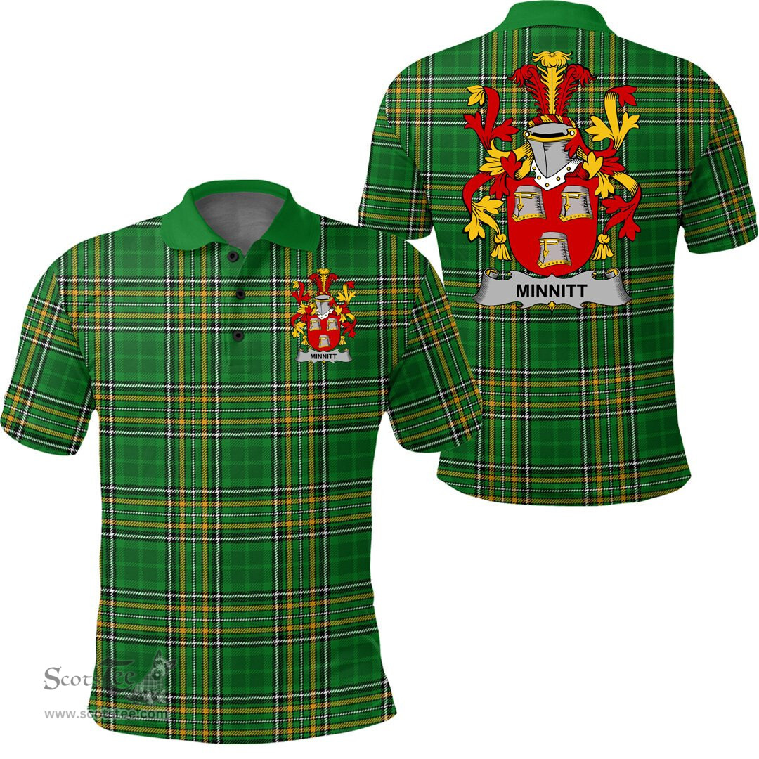 Scottish Minnitt Coat of Arms Family Crest Ireland Polo Shirt - Irish National Tartan Irish County Polo Shirt