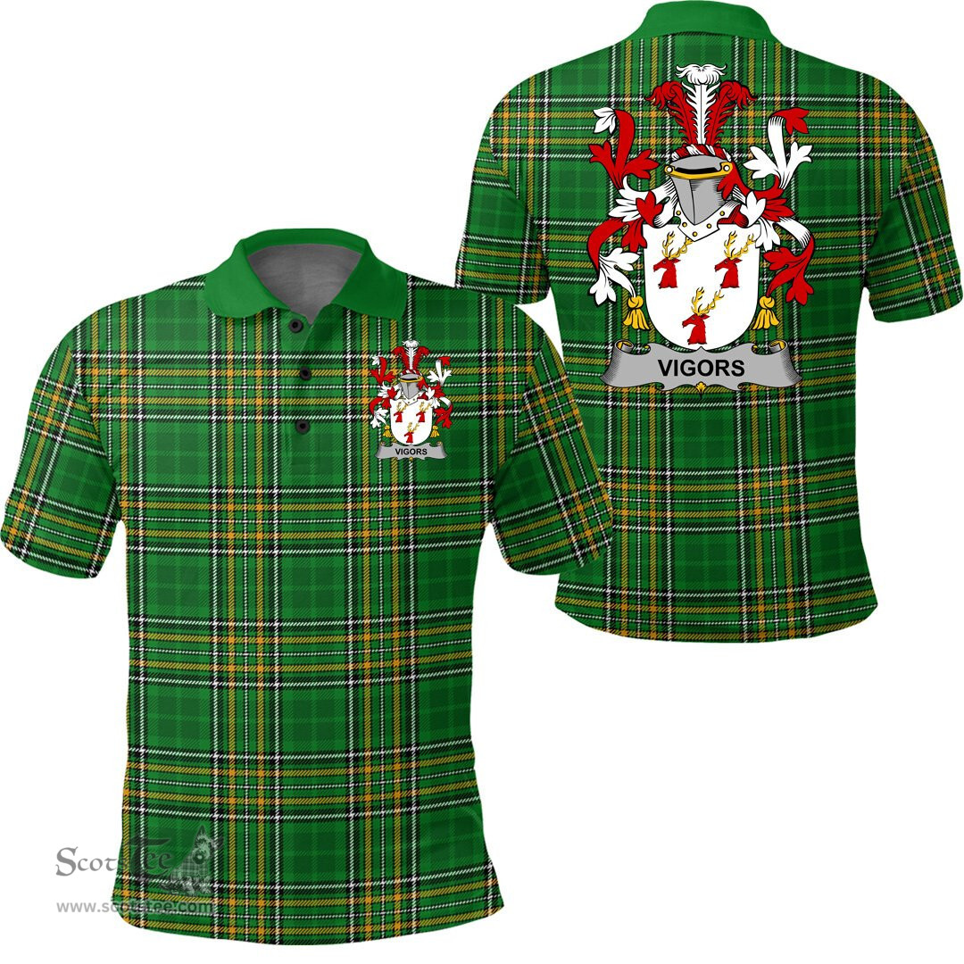 Scottish Vigors Coat of Arms Family Crest Ireland Polo Shirt - Irish National Tartan Irish County Polo Shirt