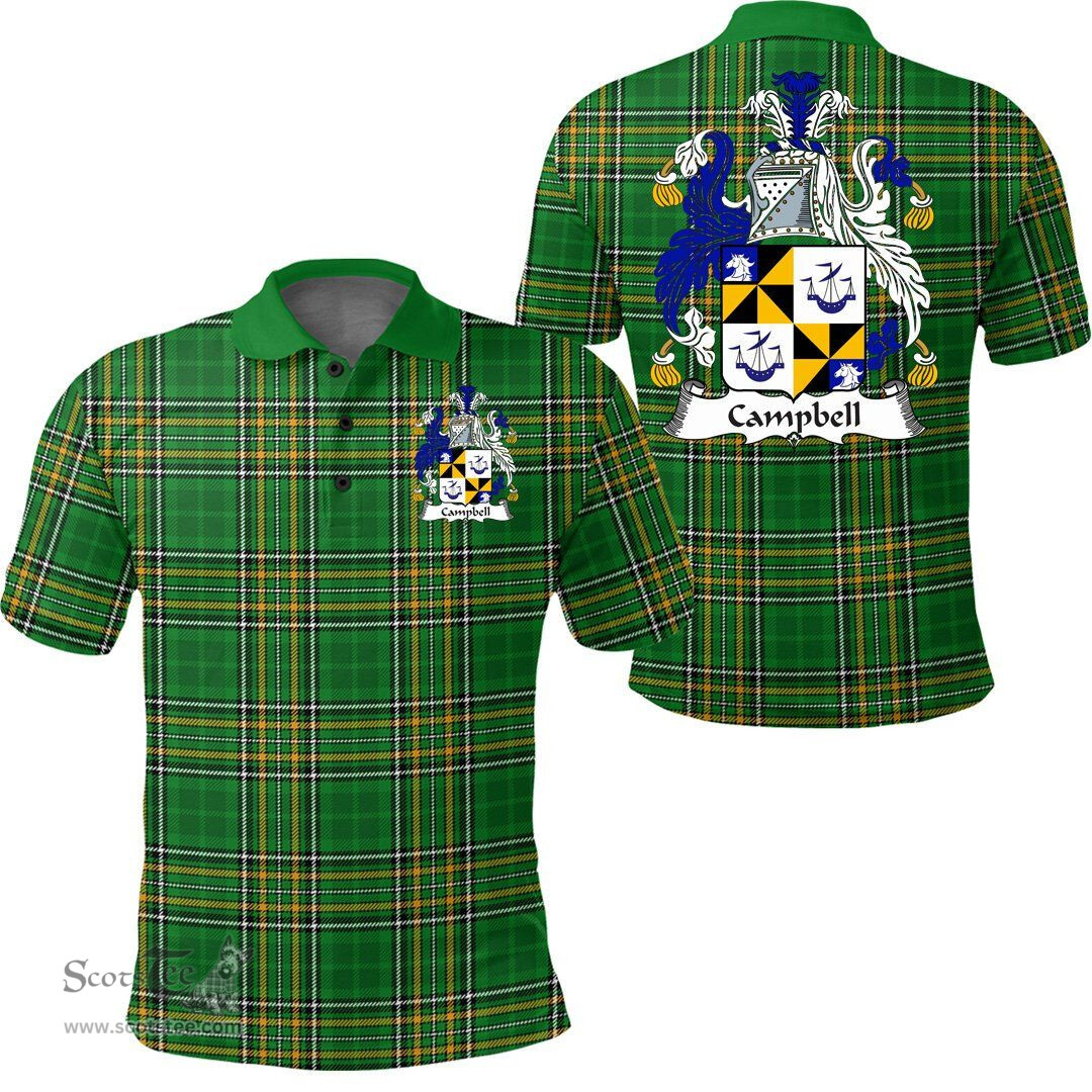 Scottish Campbell Coat of Arms Family Crest Ireland Polo Shirt - Irish National Tartan Irish County Polo Shirt