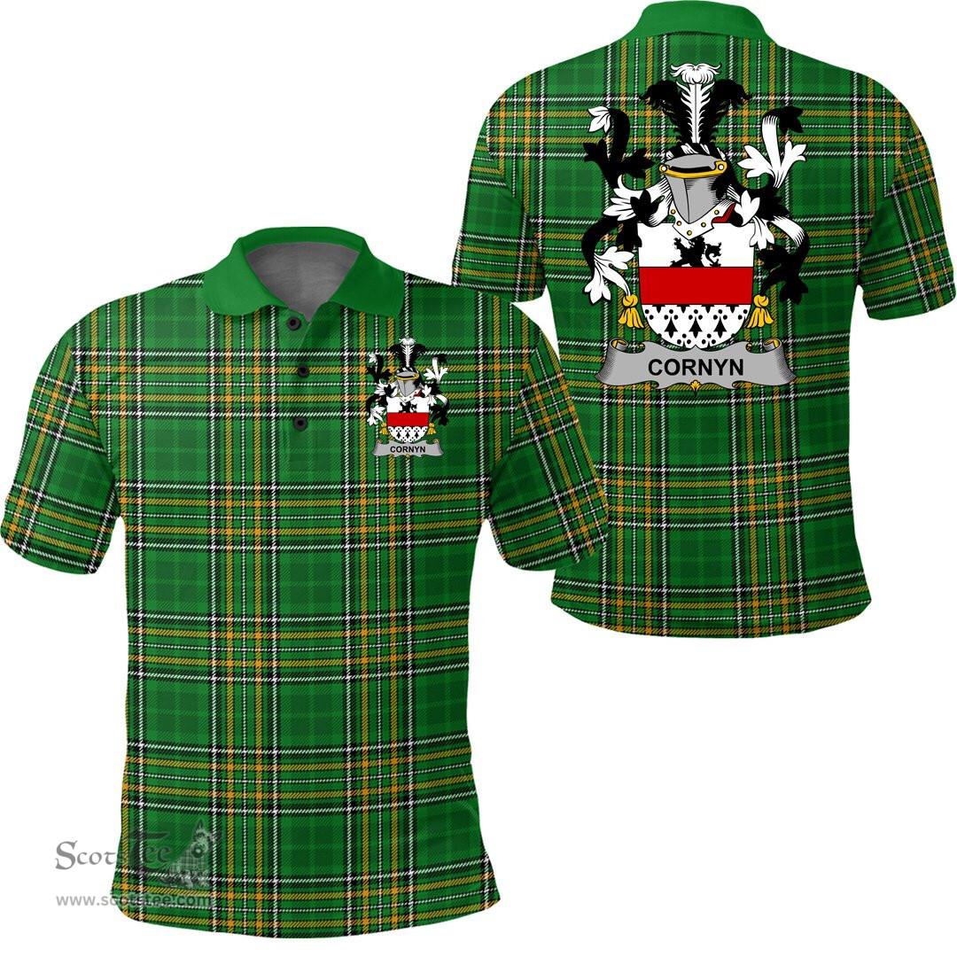Scottish Cornyn or O'Cornyn Coat of Arms Family Crest Ireland Polo Shirt - Irish National Tartan Irish County Polo Shirt
