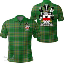 Scottish Cornyn or O'Cornyn Coat of Arms Family Crest Ireland Polo Shirt - Irish National Tartan Irish County Polo Shirt