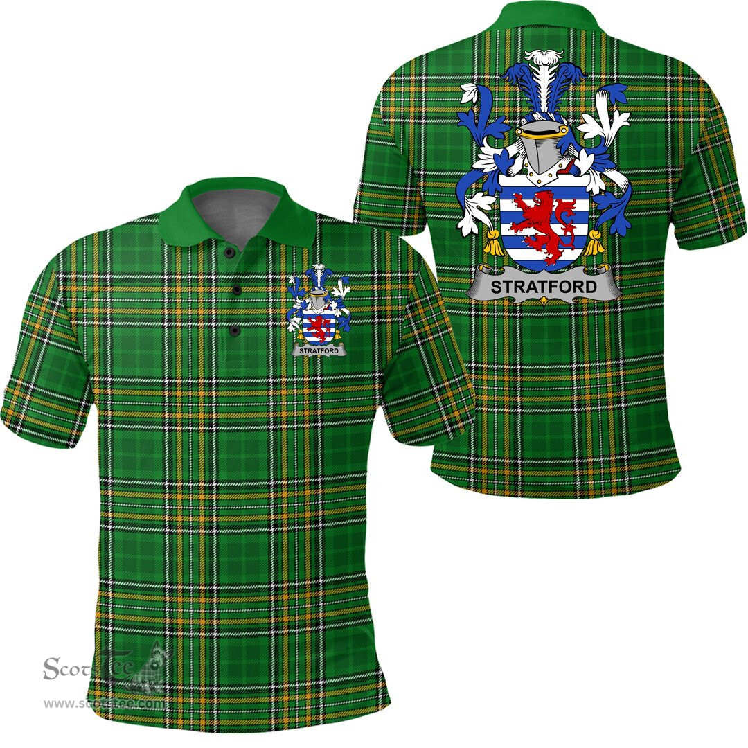 Scottish Stratford Coat of Arms Family Crest Ireland Polo Shirt - Irish National Tartan Irish County Polo Shirt