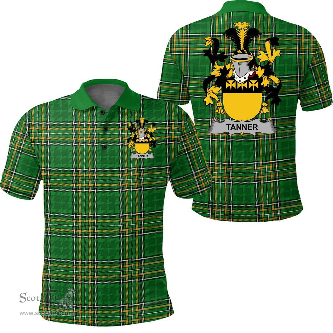 Scottish Tanner Coat of Arms Family Crest Ireland Polo Shirt - Irish National Tartan Irish County Polo Shirt