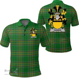 Scottish Tanner Coat of Arms Family Crest Ireland Polo Shirt - Irish National Tartan Irish County Polo Shirt