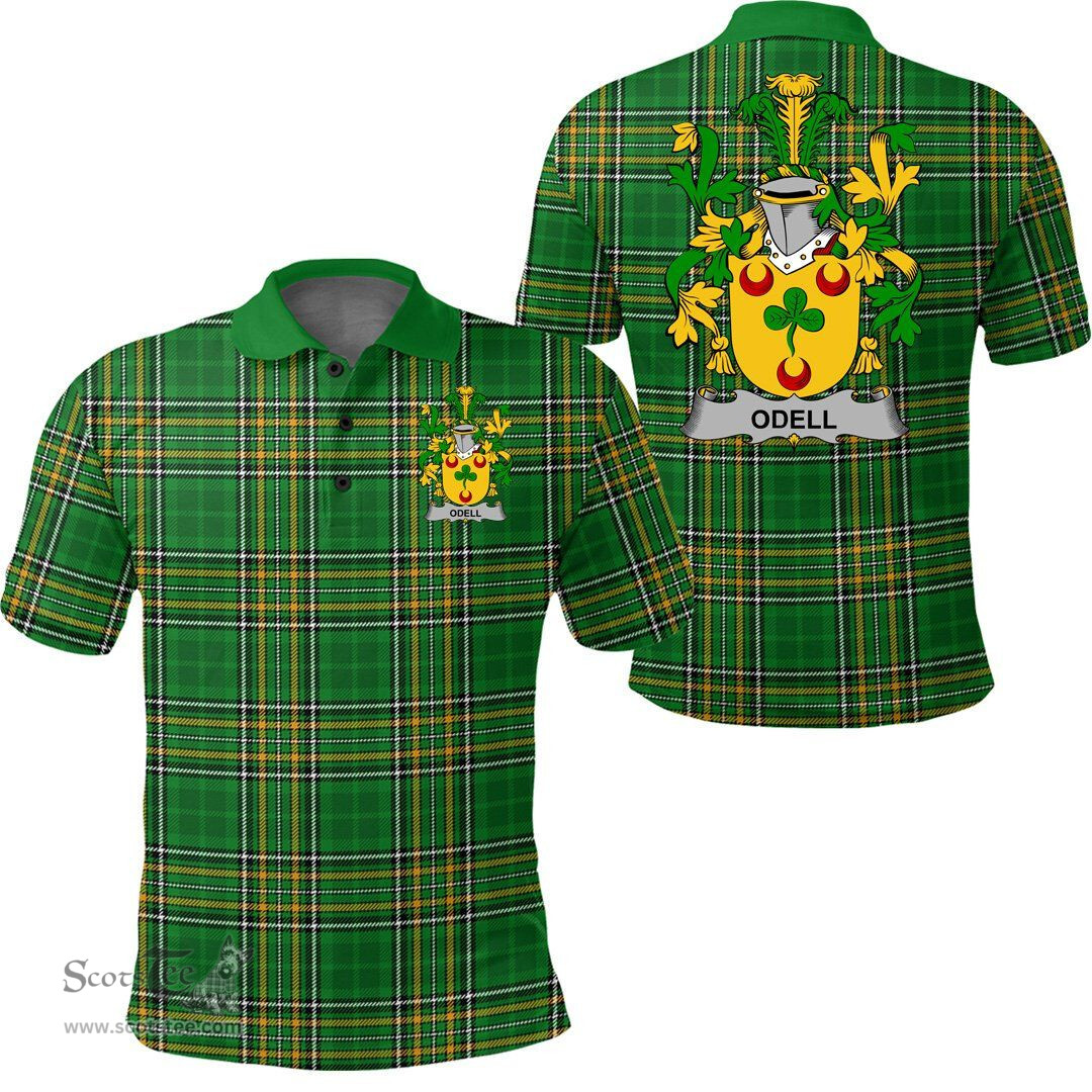Scottish Odell Coat of Arms Family Crest Ireland Polo Shirt - Irish National Tartan Irish County Polo Shirt